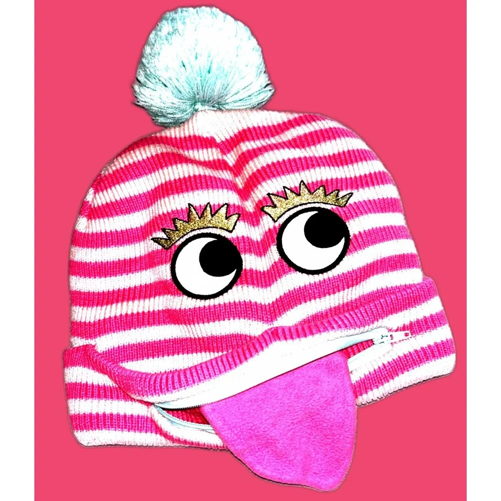 Girl’s Pink and White Striped Beanie with Face Graphic and Zippered Mouth